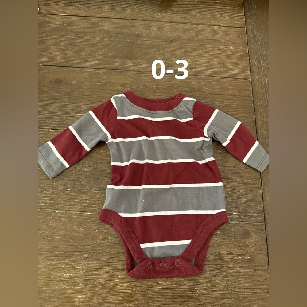 Striped maroon and grey long sleeve onesie. Size 0-3